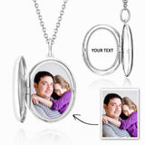 Embossed Oval Photo Locket Necklace With Engraving Platinum Plated