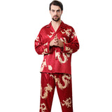 Simulated silk couple sleepwear new long sleeved set men's and women's V-neck silk printed dragon and phoenix home clothes